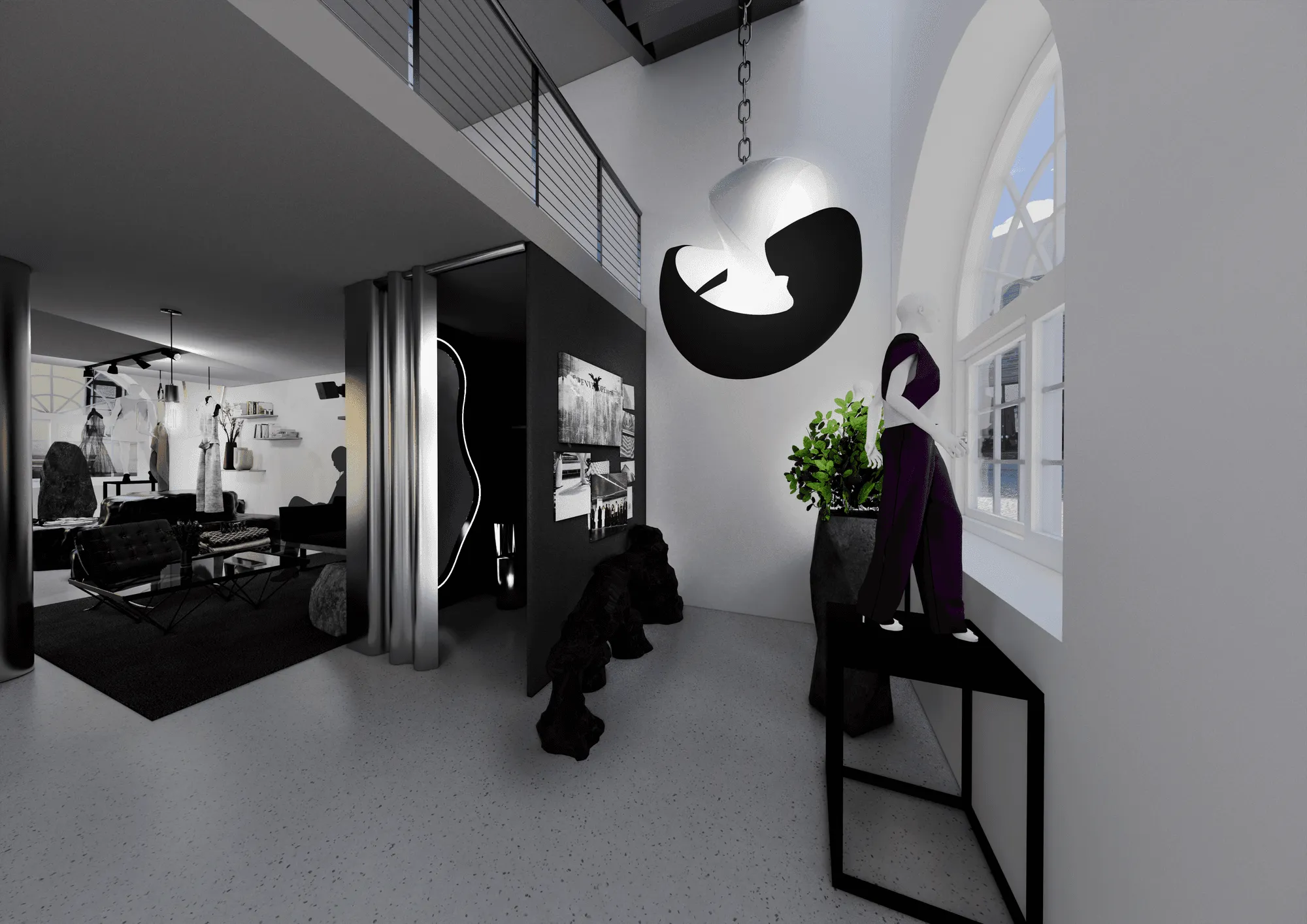 Rendering of a store interior with a mannequin in a purple outfit by an arched window and a sculptural pendant light.