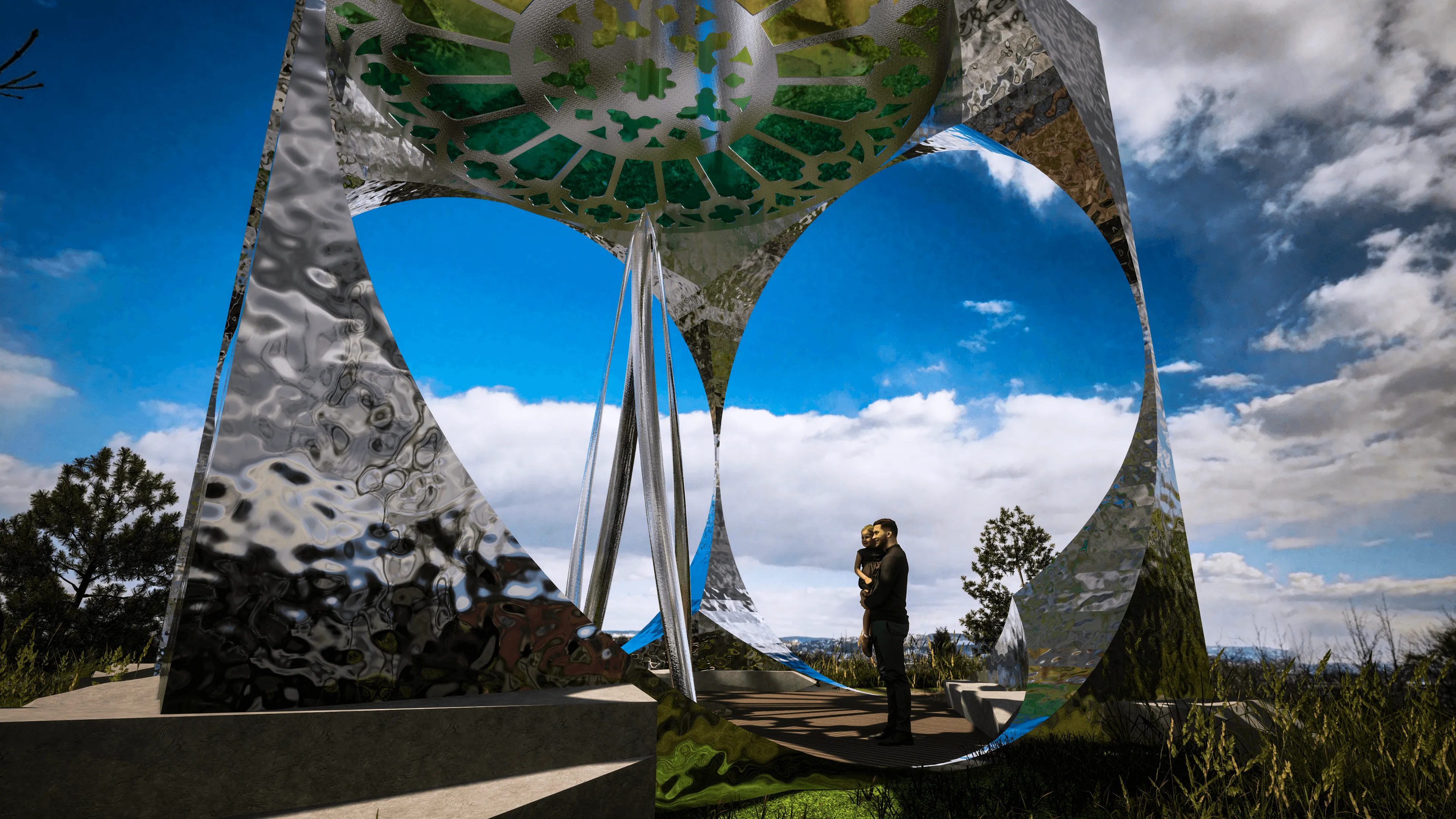Daytime rendering of a mirror-finished, ring-shaped sculpture/pavilion in a meadow, with a couple standing in its circular opening.