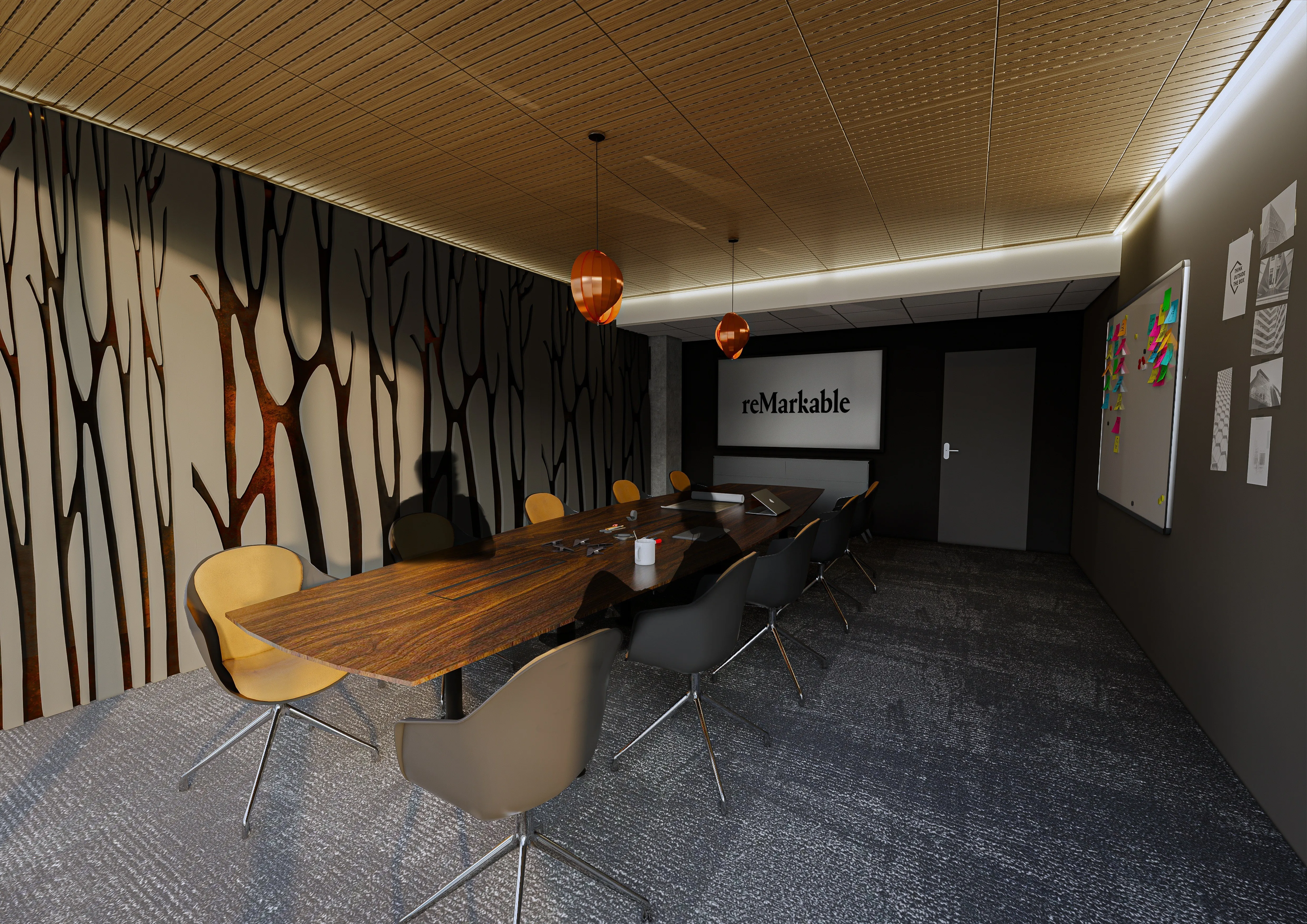 Rendering of a meeting room with a branch-pattern accent wall, a solid-wood table, and orange pendant lights.
