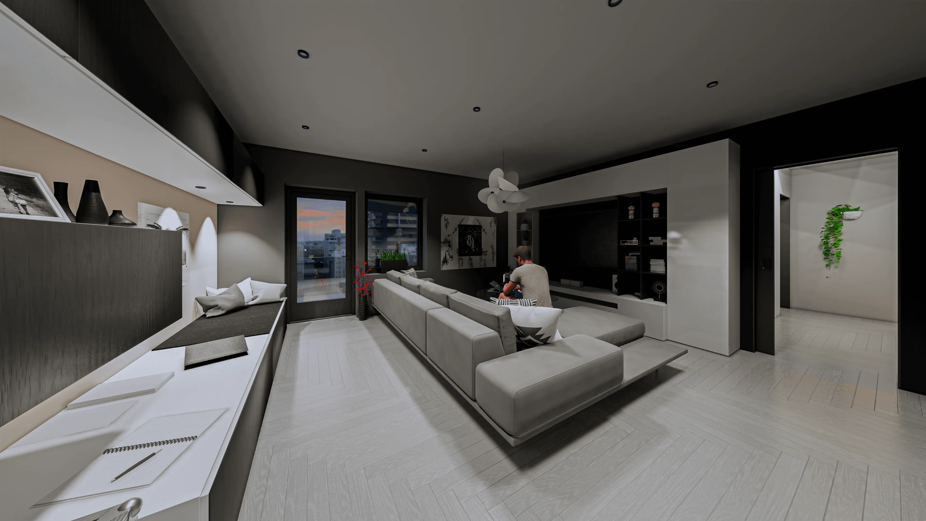 Rendering of a modern living room with a sectional sofa, media wall, and large windows overlooking the city at dusk.