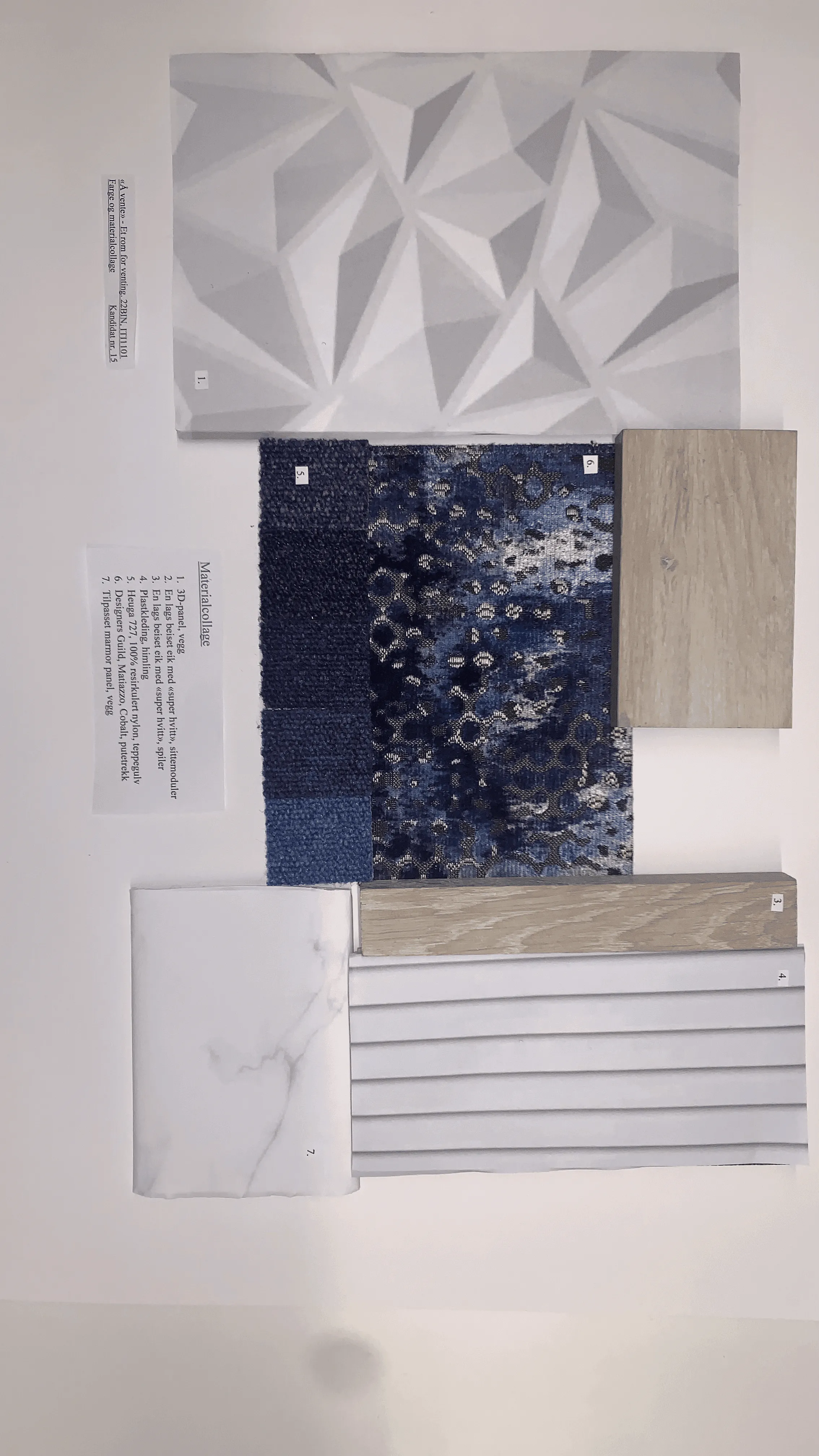Materials collage with panels, fabric swatches, and wood samples used in the waiting-room concept.