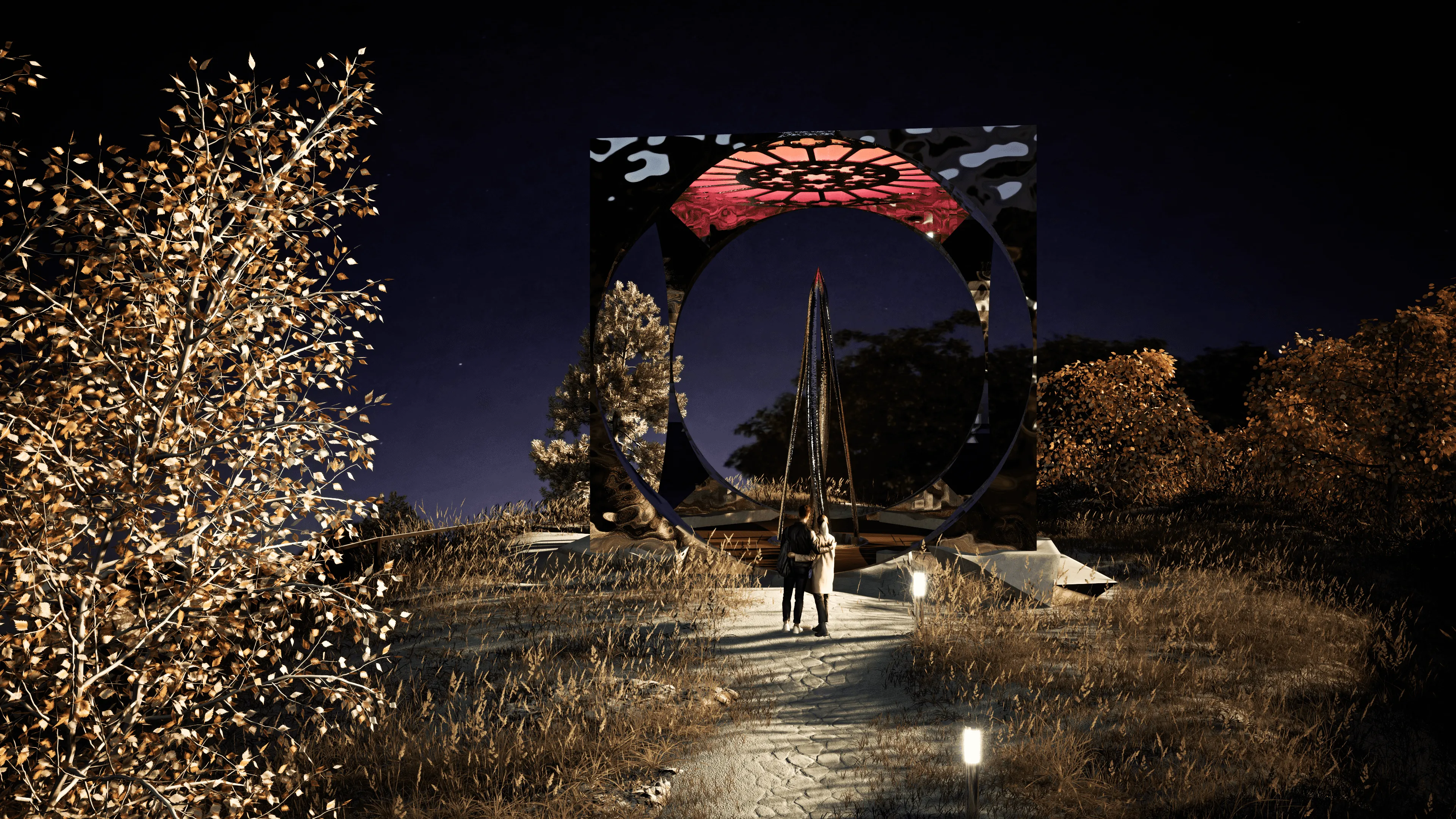 Night rendering of the same ring-shaped pavilion, lit from within, with a couple walking toward it on a stone path.
