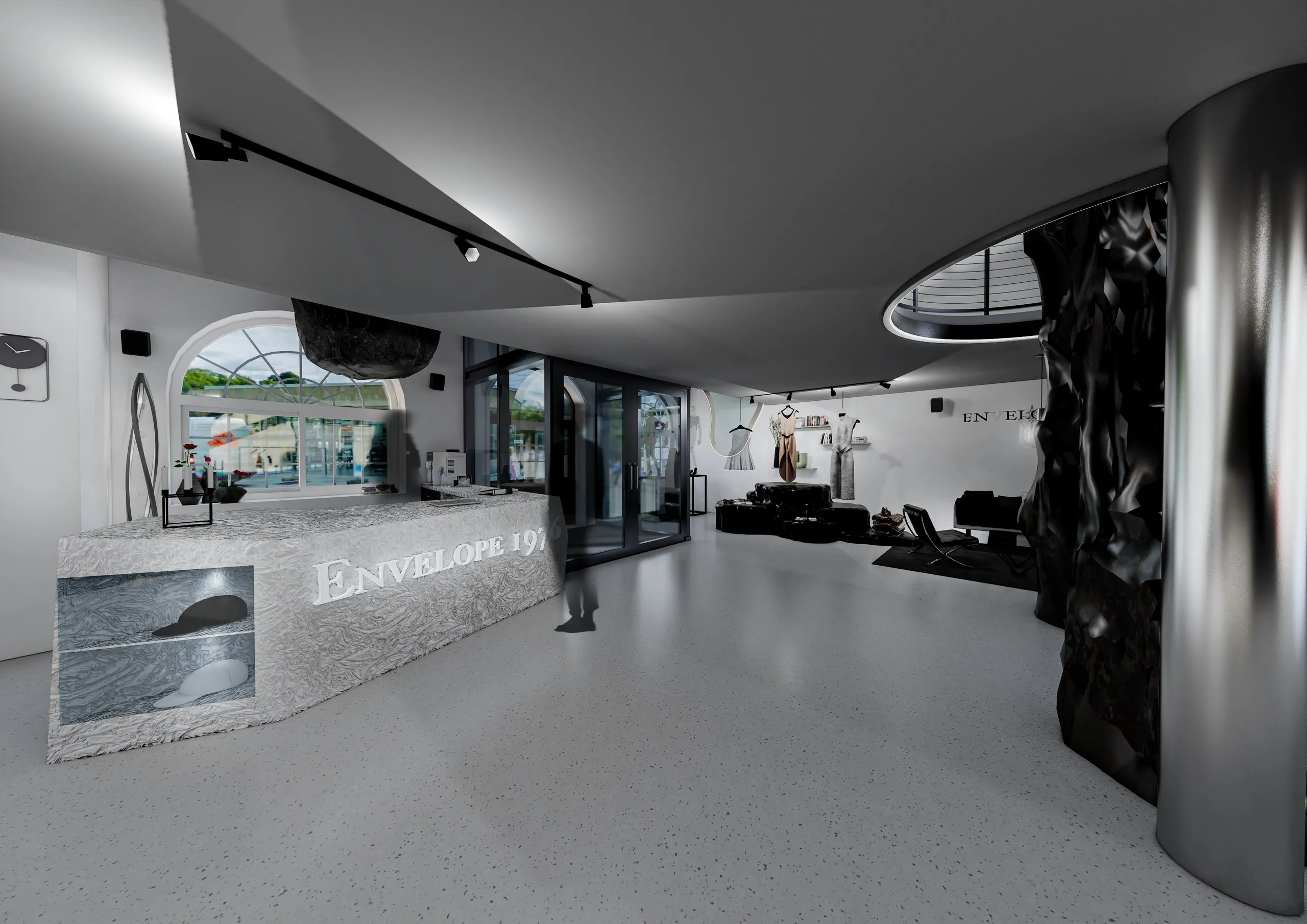 Rendering of the reception area with 'Envelope 1976' carved into a textured stone counter, an arched street-facing window, and a sculptural, mirror-finish column.