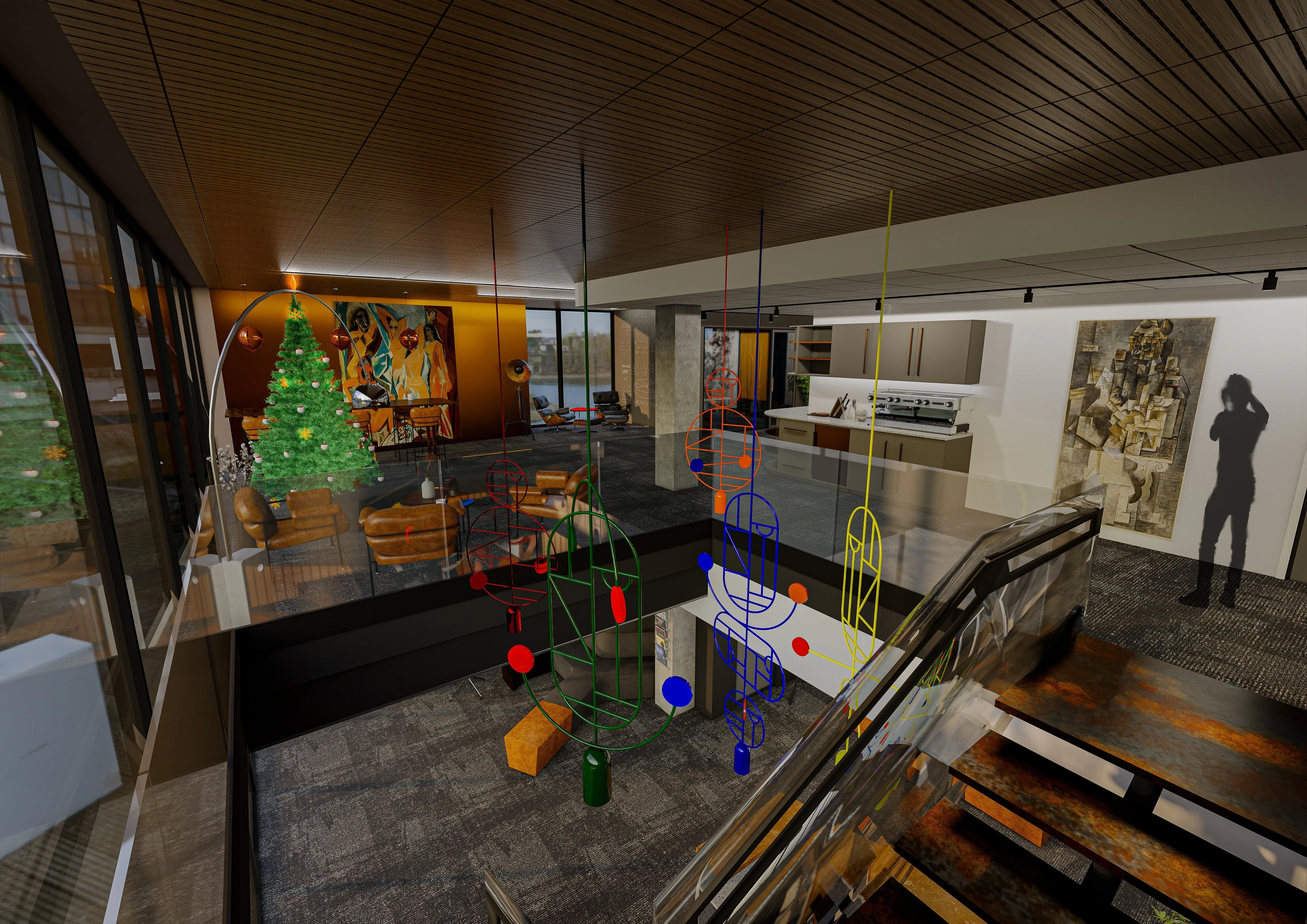 Rendering of an open-plan office loft with a lounge area, a Christmas tree, Picasso-inspired art on the walls, and a colorful mobile sculpture above the stairs.