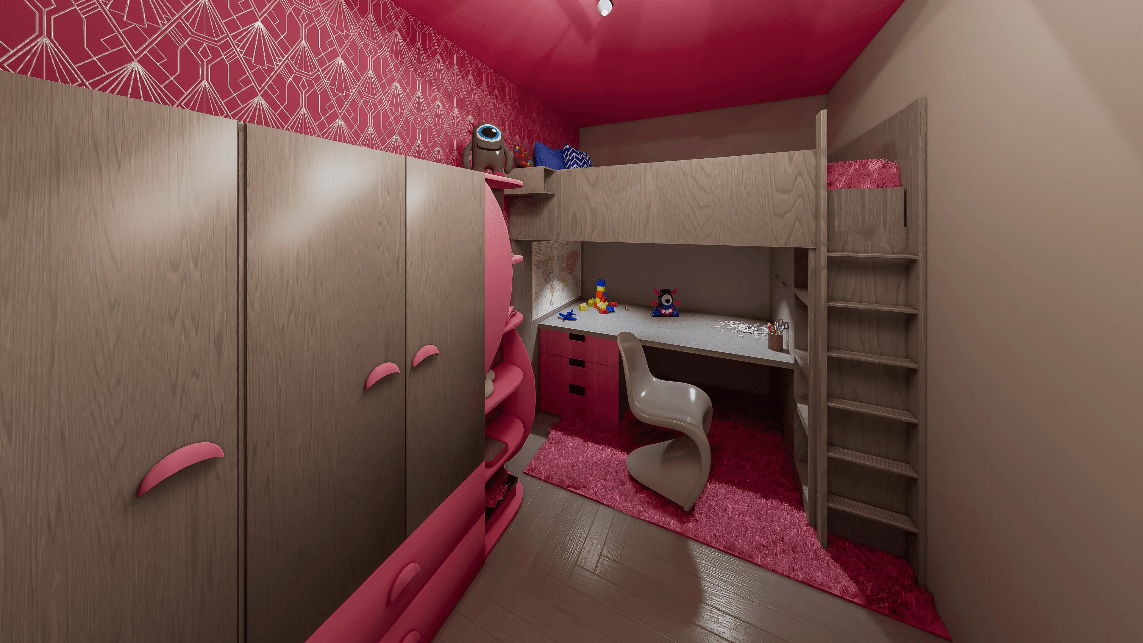 Rendering of a children's room with a pink/red color scheme, a loft bed with a desk underneath, and a wardrobe.