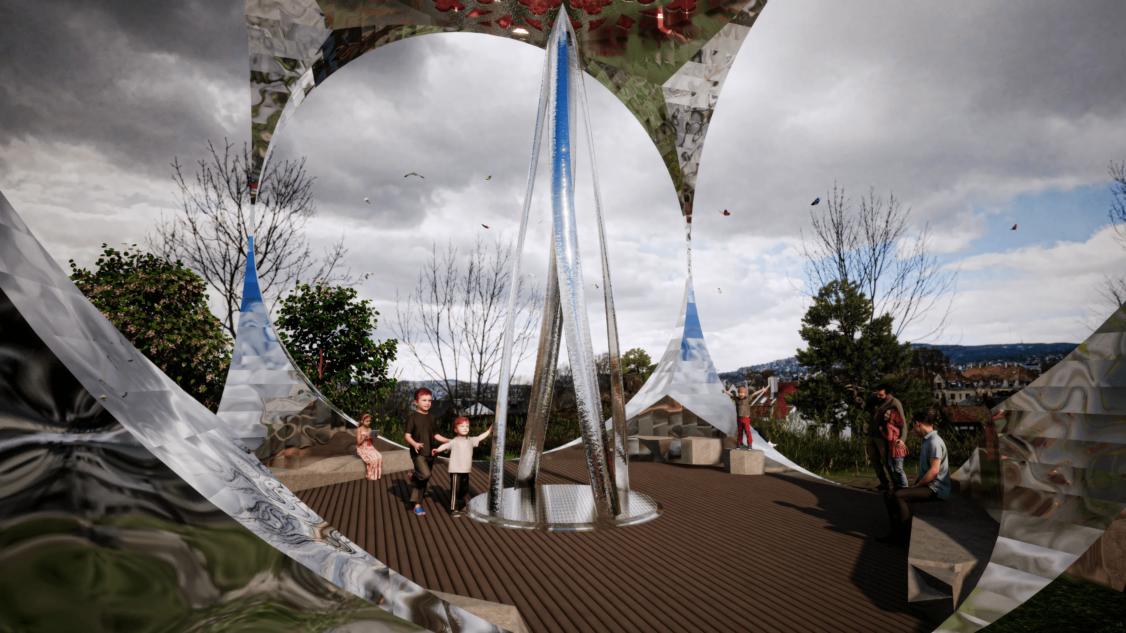 Daytime rendering of the portal sculpture under an overcast sky, with children playing around it — a girl sitting reading, two boys holding hands, and a boy balancing with arms raised amid birds and butterflies, while a family sits embracing on a bench to the right.