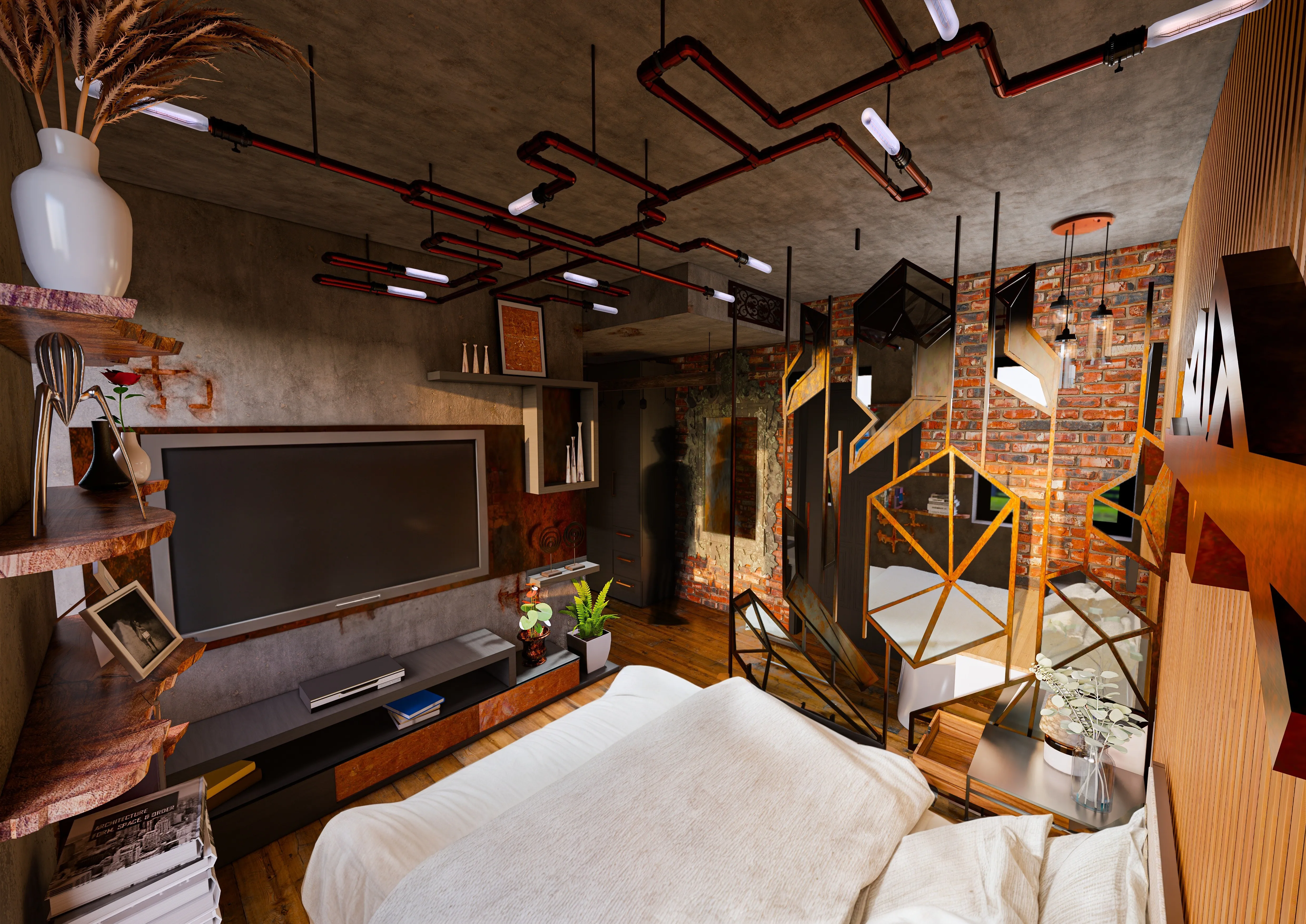 Rendering of a bedroom with exposed brick and concrete, visible copper piping on the ceiling, and a geometric room divider.