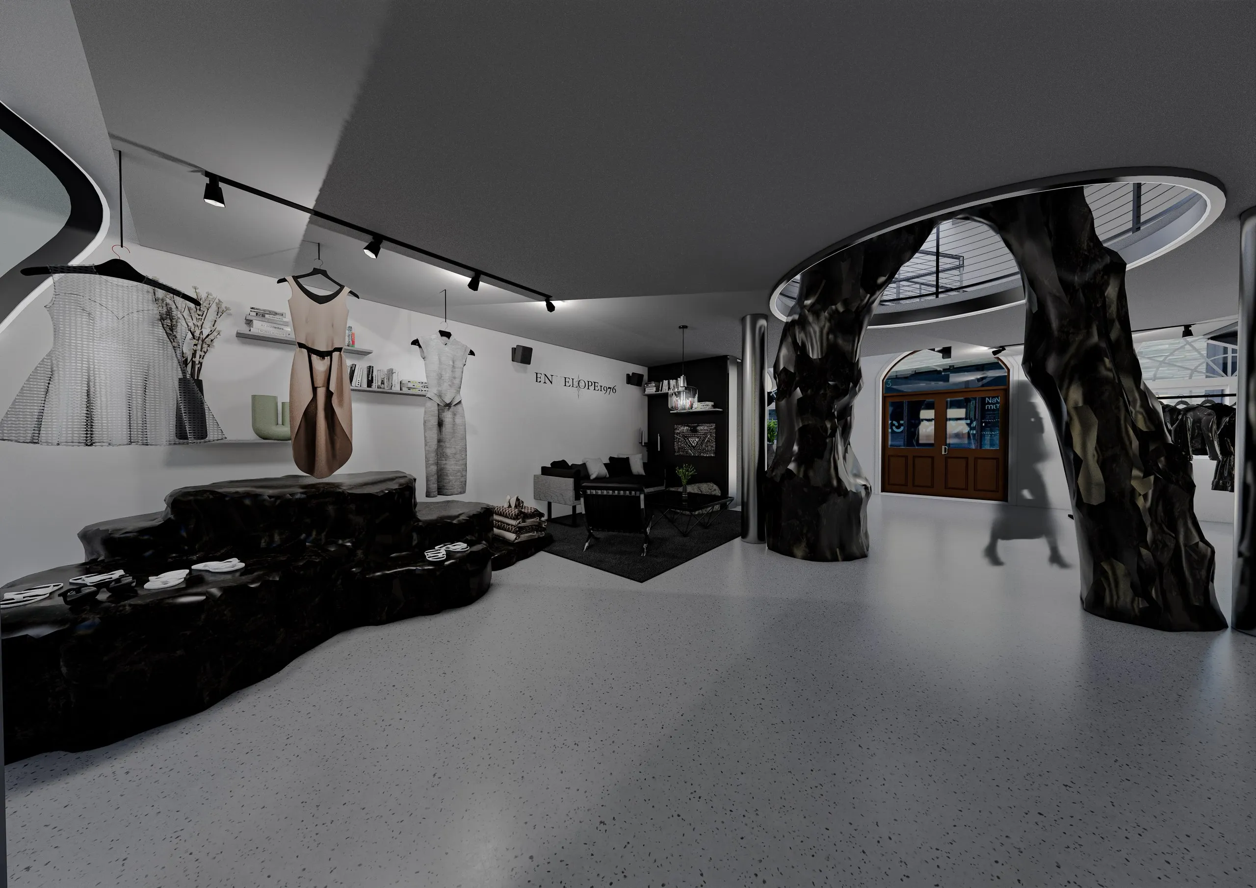 Rendering of a display area with dresses on wall-mounted hooks, a jet-black rock-like bench with accessories, and a portal of dark, twisted columns leading to a wooden double door.