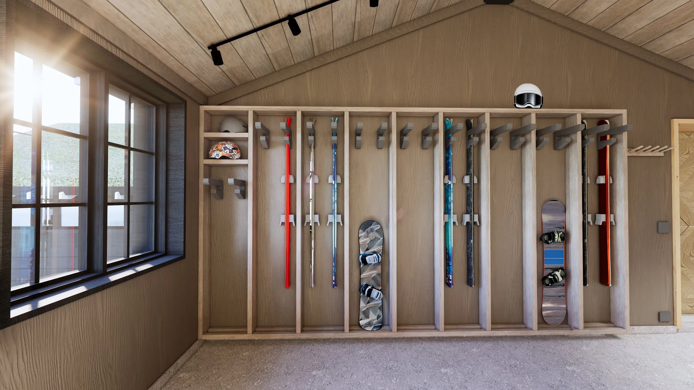 Rendering of a ski and gear room with individual bays for skis, snowboards, helmets, and boots.