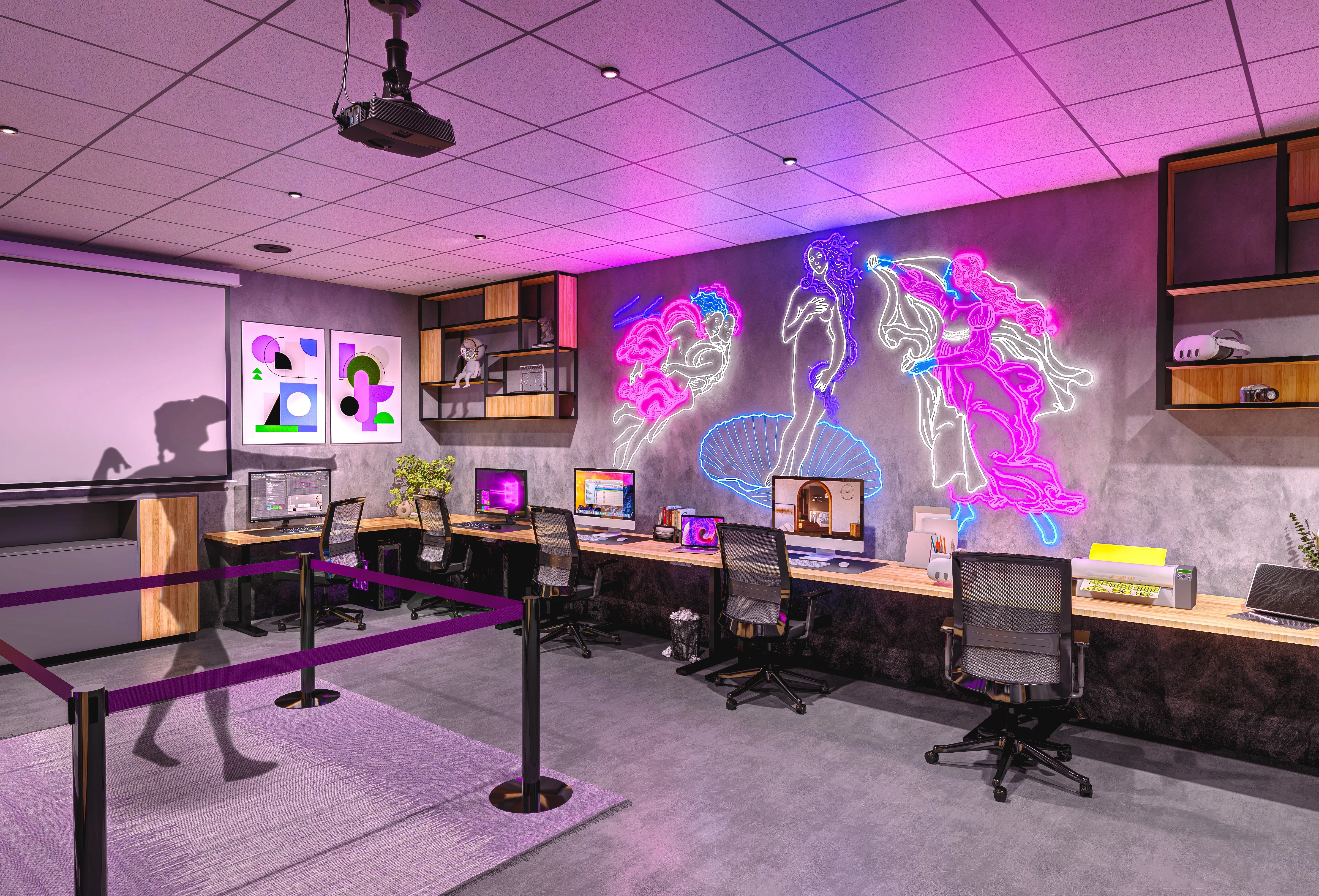 Rendering of a digital lab with neon lighting, classical-inspired illuminated wall art, and a row of computer workstations behind a velvet rope.