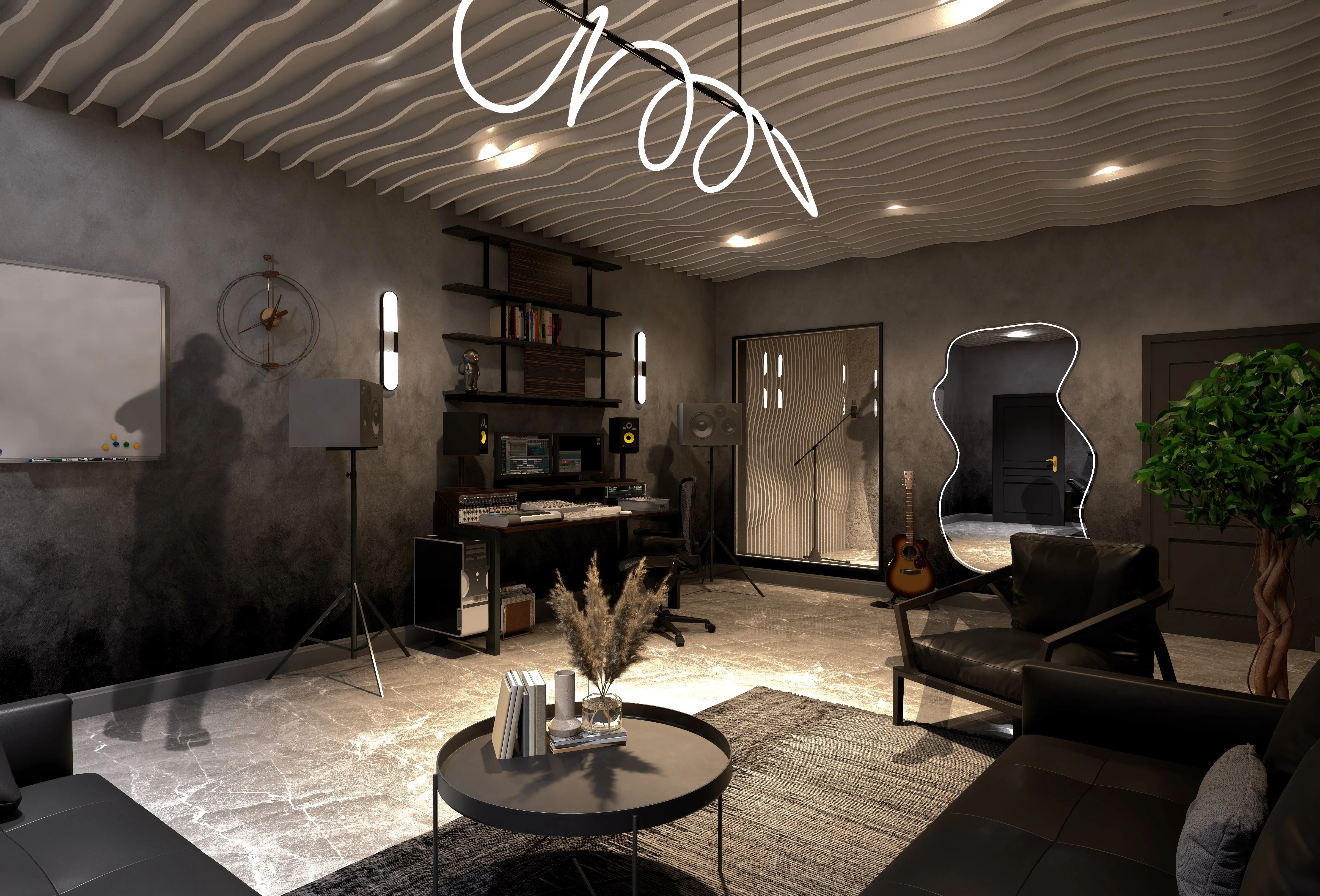 Rendering of a music studio with a wave-paneled ceiling, mixing desk, studio monitors, and a recording booth with a guitar visible through the glass.