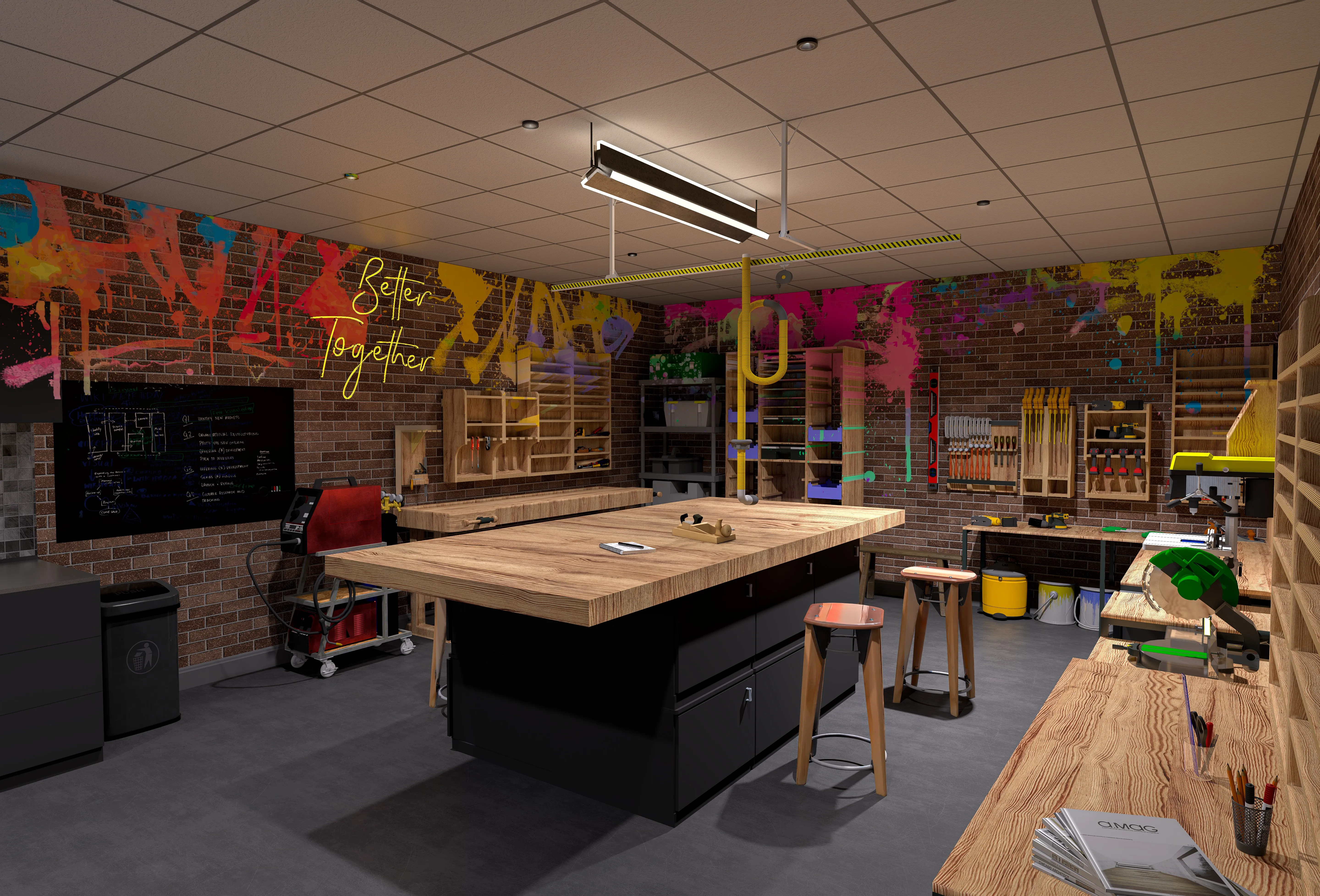 Rendering of a workshop room with a wooden workbench, hand tools on the wall, a miter saw, and colorful 'Better Together' graffiti on the brick wall.