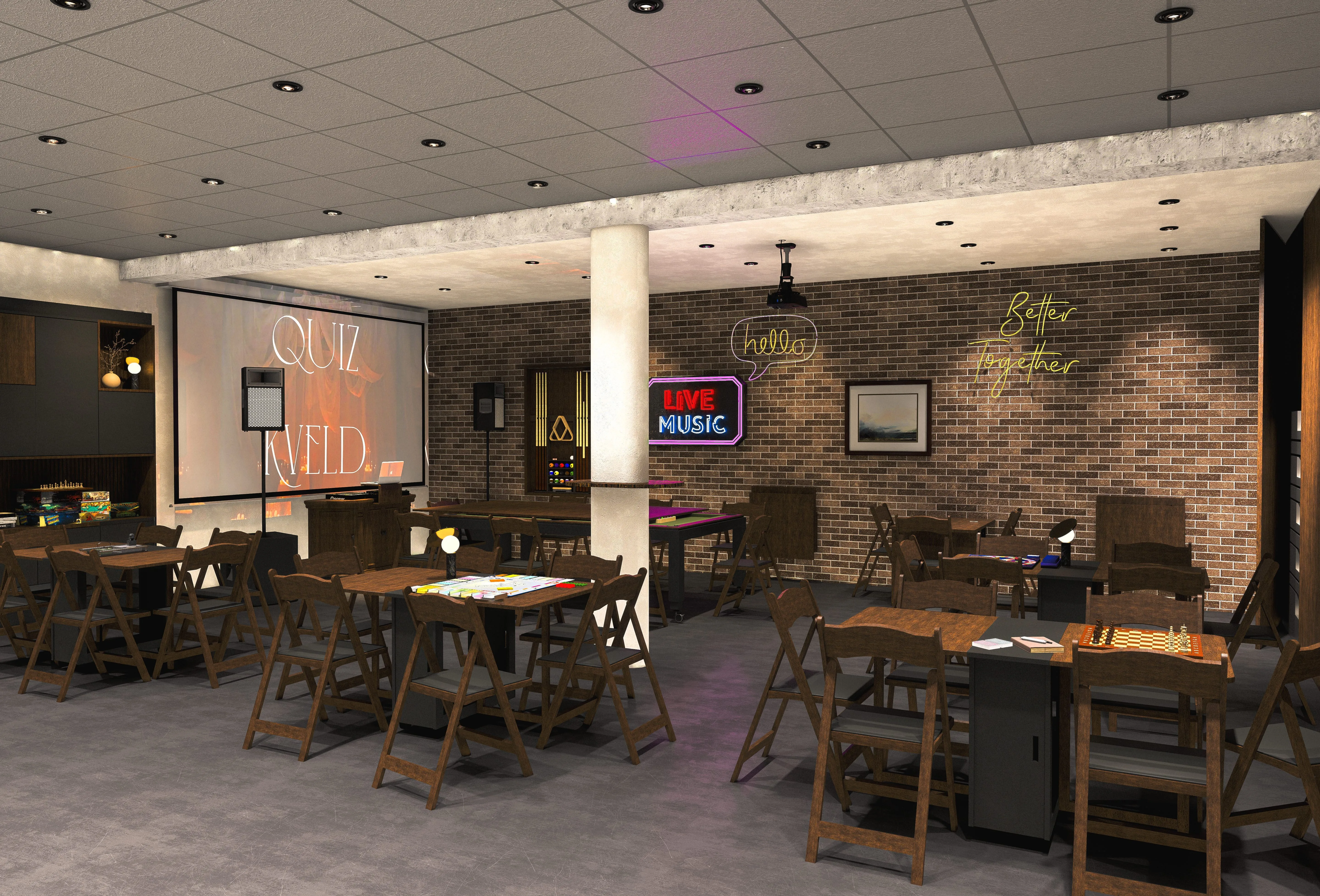 Rendering of a social room with a quiz-night screen, game tables, and lounge chairs.