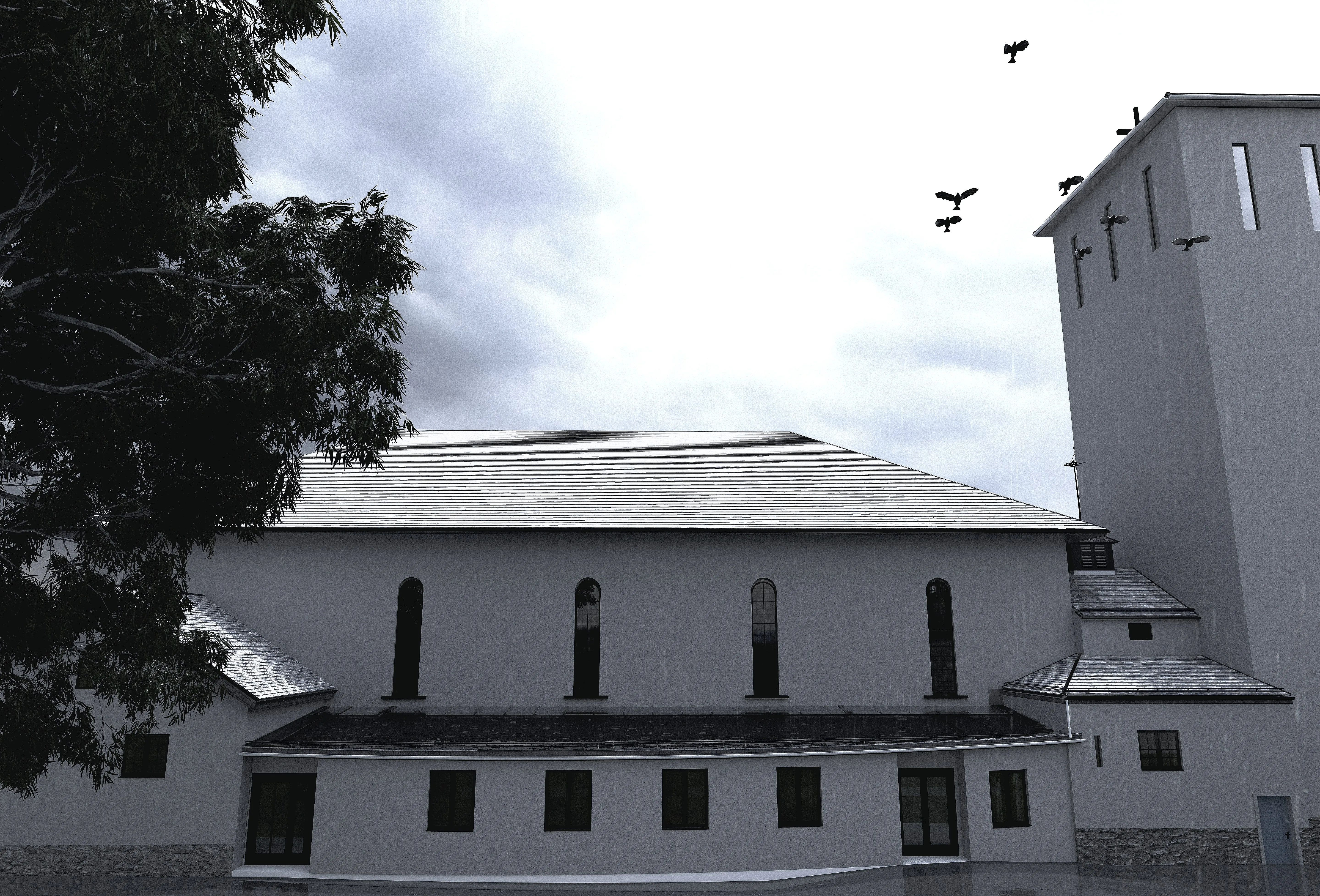 Exterior rendering of the church in rainy weather, desaturated mood, with birds in flight and a tree in front of the façade.