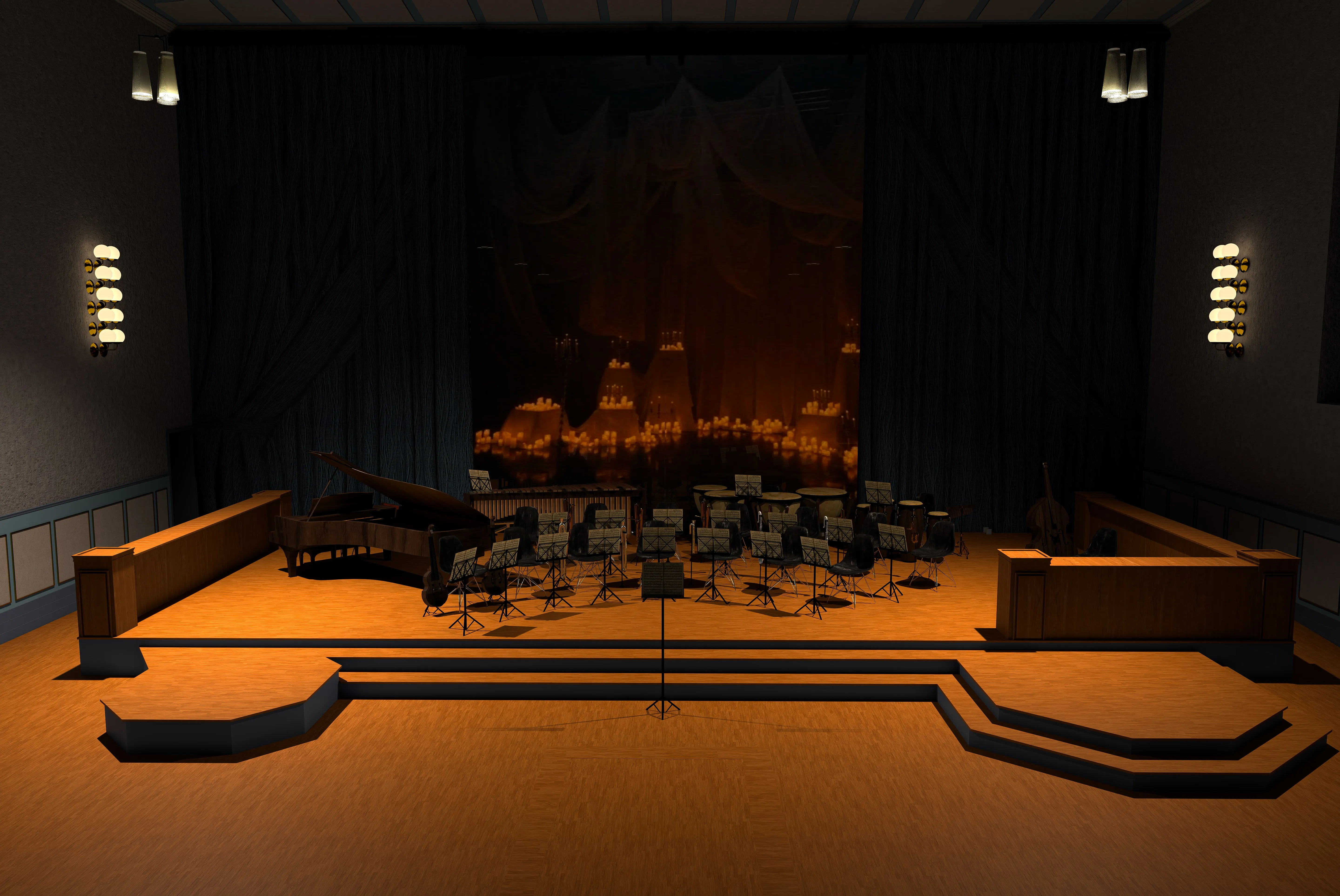 Rendering of the church nave reimagined as a concert stage, with a grand piano, percussion instruments, and candlelight glowing in the background.