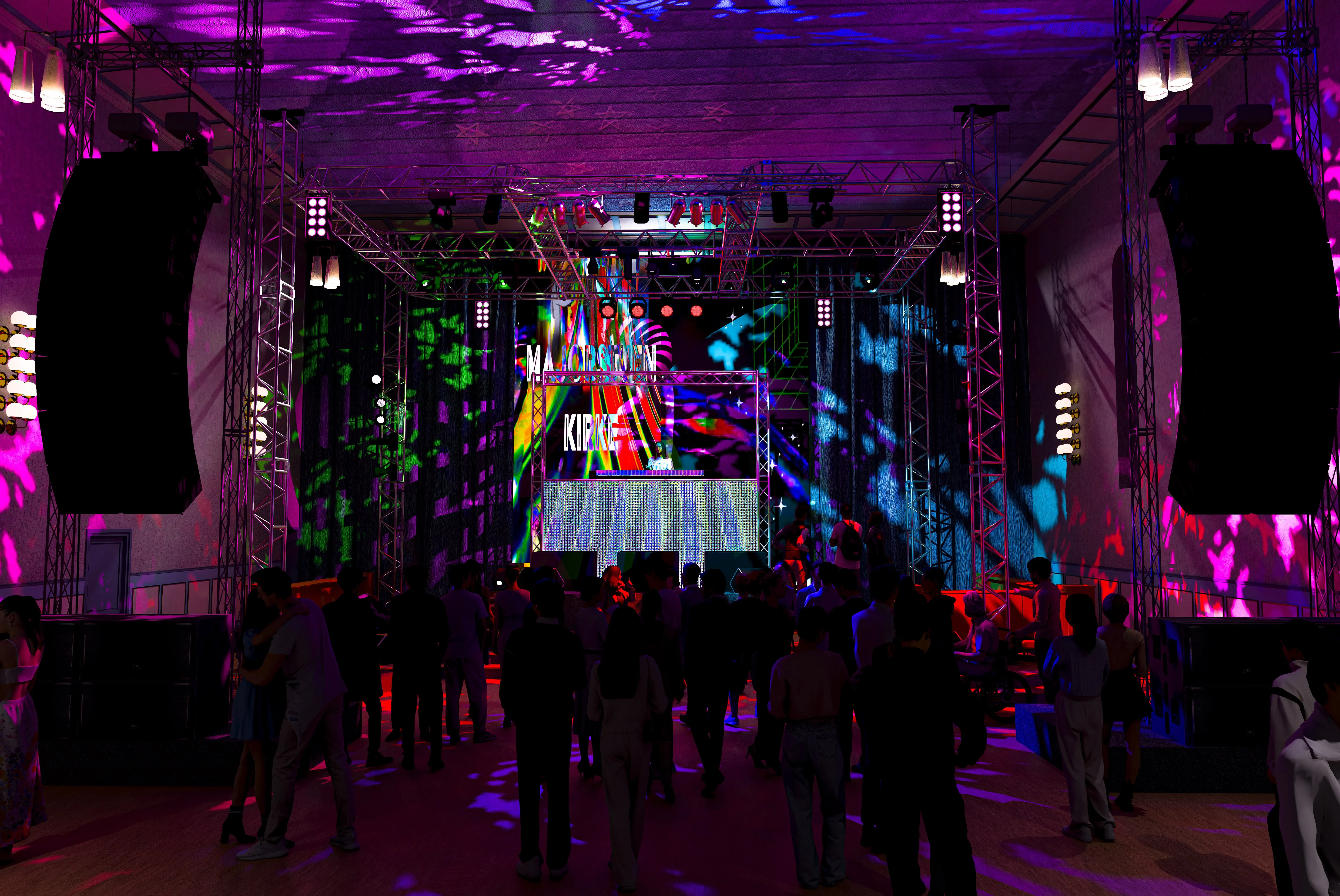 Rendering of the church nave reimagined as an event space, with colorful stage lighting, a projected 'Majorstuen Kirke' logo, and people dancing.